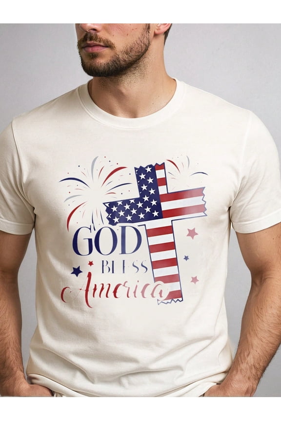 Patriotic God Bless America T-Shirt With American Flag Cross Design For Men Women Independence Day 4th Of July Casual Tee USA Themed Graphic Top