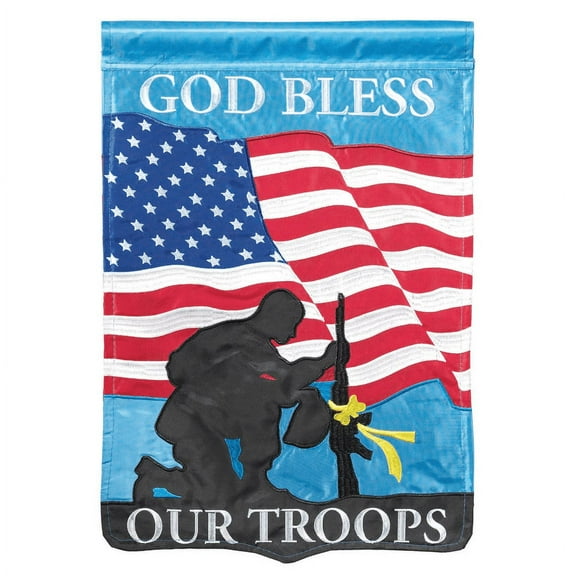 Patriotic God Bless Our Troops Soldier 18 x 13 Fabric Shield Shape Small Garden Flag