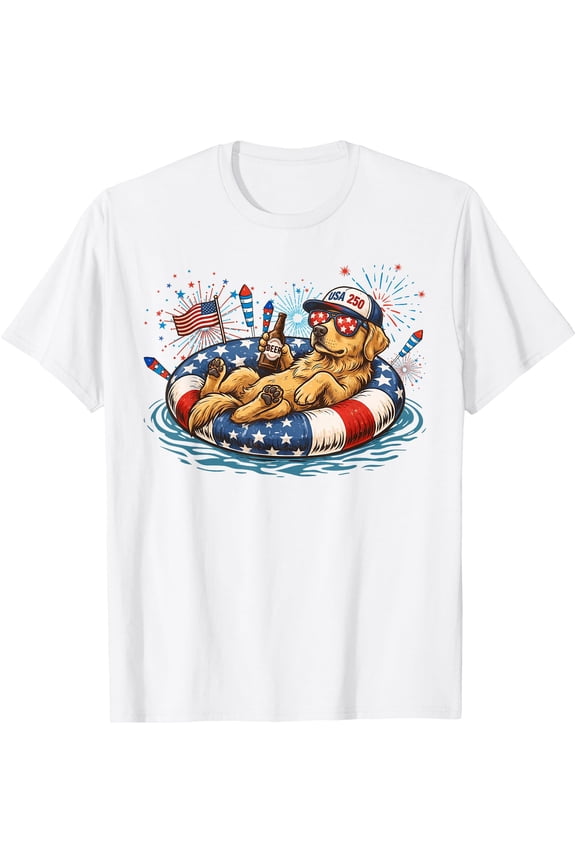 Patriotic Golden Retriever Beer Floatie USA Flag 4th of July T-Shirt
