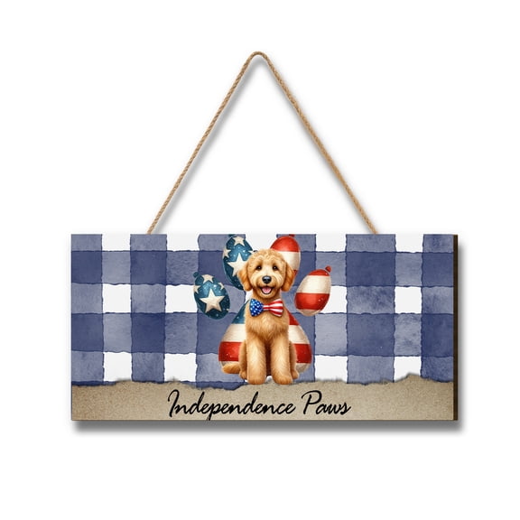 Patriotic Goldendoodle 4th of July Independence Paws Landscape Wood Sign Doodle Dog Lover Gifts Idea Hanging Wall Home Decor - 02010