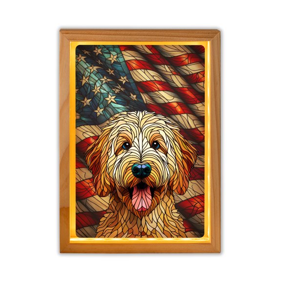 Patriotic Goldendoodle Stained Glass Portrait American Flag Acrylic Plaque with Wood Photo Frame Box Doodle Dog Lover Gifts Idea Light Box - 01010
