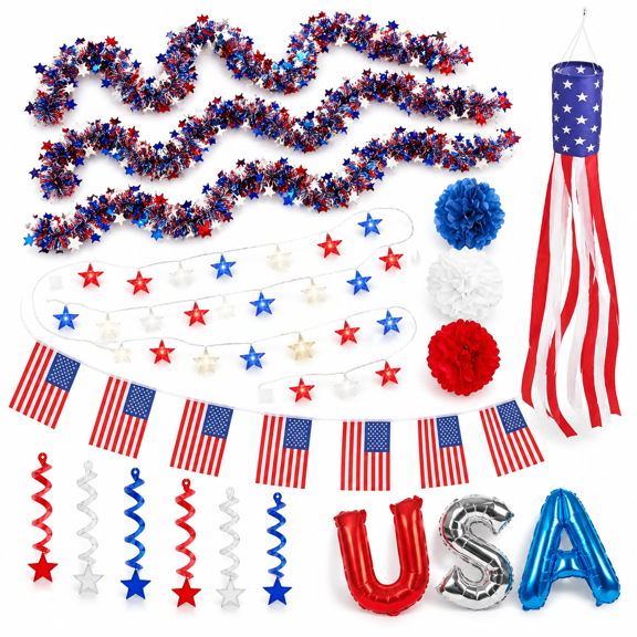 Patriotic Golf Cart Decoration Kit with LED Star String Lights, Red White Blue for Parades and Celebrations