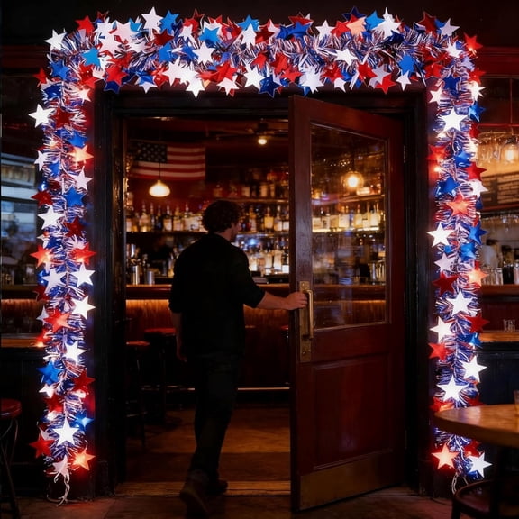 Patriotic Golf Cart Decorations LED Garland, 19.7FT Red White Blue Tinsel Lights with Battery Box for 4th of July Parade