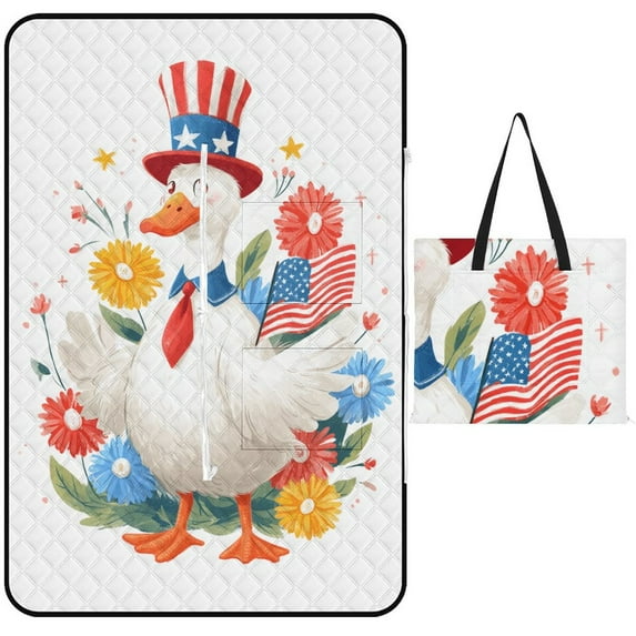 Patriotic Goose Floral Hat Flag Outdoor Picnic Blanket, Foldable Waterproof Beach Mat, Portable Beach Blanket for Beach Camping, Hiking, Family Concerts