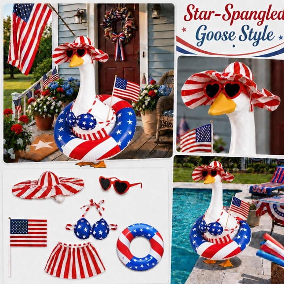 Patriotic Goose Lawn Statue Costume Set for 23 Inch Decor  Red White Blue Uncle Sam Hat, Star Sunglasses & Inflatable Star-Spangled Swim Ring, Fourth of July Outdoor Garden Porch Display