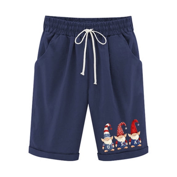 Patriotic Graphic Casual Shorts Women's Cotton Linen Short Pant 4th of July Holiday Pants Mid Waisted Elastic Short Summer Breathable Lounge Wear with Folded Hem