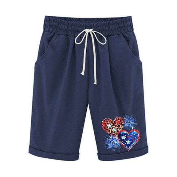 Patriotic Graphic Casual Shorts Women's Cotton Linen Short Pant 4th of July Holiday Pants Mid Waisted Elastic Short Summer Breathable Lounge Wear with Folded Hem