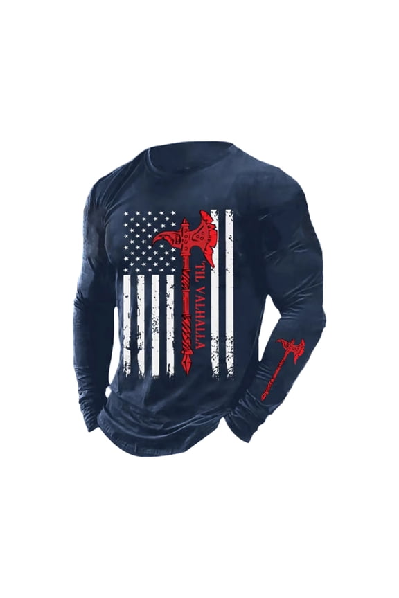 Patriotic Graphic Long Sleeve Crew Neck T Shirt Freedom Print Commemorative Casual Top for Men Blue XL