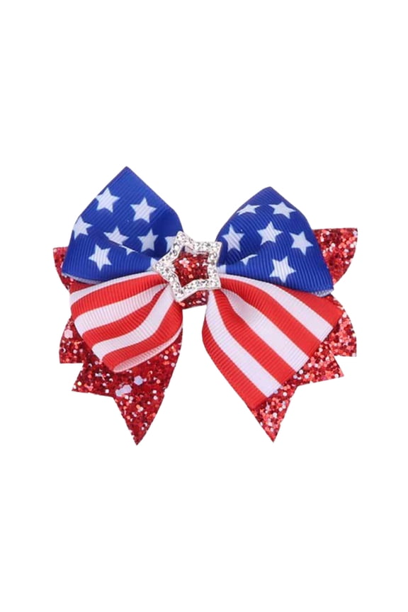 Patriotic Hair Bow Clip, 3.94 in Red White Blue Glitter Rhinestone Ribbon Barrette for Parade Party Outfit, Style B