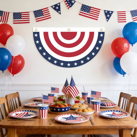 Patriotic Half-circle Fan Bunting 35.43×17.72 Inch Red White Blue Door Decor For 4th Of July Memorial Day Porch Decor