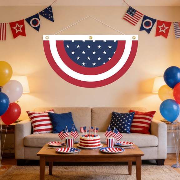 Patriotic Half-circle Fan Bunting 35.43×17.72 Inch Red White Blue Door Decor For 4th Of July Memorial Day Porch Decor
