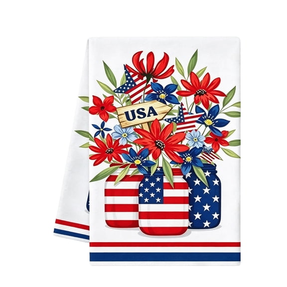 Patriotic Hand Towels for Kitchen,4th of July Decorations Red White and Blue Floral Wreath Pattern Dish Towels for Bathroom Cleaning,Independence Day Kitchen Supply