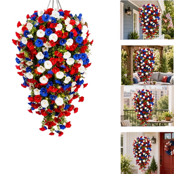 Patriotic Hanging Flower Baskets, Red White And Blue Hanging Flowers, Red White Blue Artificial Flowers Outdoor, Red White And Blue Artificial Flowers With Led Lights, For Outdoor Front Porch Decor