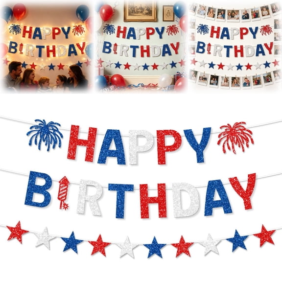 Patriotic Happy Birthday Banner, Red White and Blue Glitter Birthday Decorations Garland for Fourth of July Patriotic Theme Party Supplies, Indoor Outdoor Decor