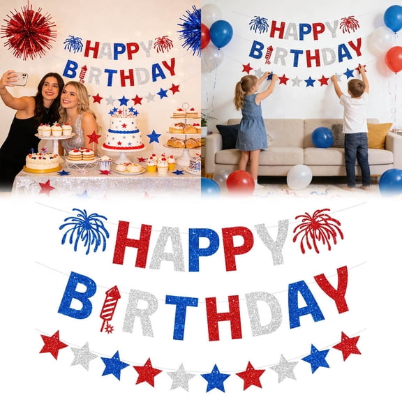 Patriotic Happy Birthday Bunting Banner, Red White Blue Glitter Star Decor for 4th of July Birthdays, Memorial Day and US-Themed Celebrations