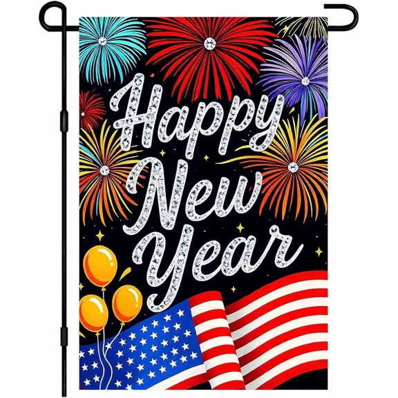 Patriotic Happy New Year Garden Flag Double Sided Outdoor Celebration Fireworks Display Seasonal Holiday House Banner 12x18 Inch