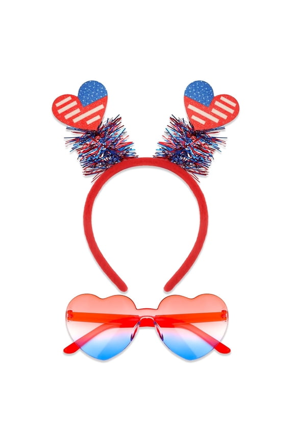 Patriotic Headband And Heart-Shaped Sunglasses Set, 2-Piece, USA 4th Of July Theme, Red Blue White, For Memorial Day And Independence Day Party Favors