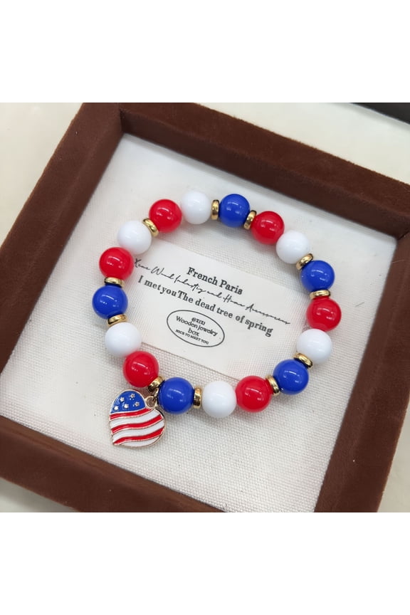 Patriotic Heart Beaded Keychain - Red White & Blue Acrylic Bracelet-Style Keychain for American Independence Day