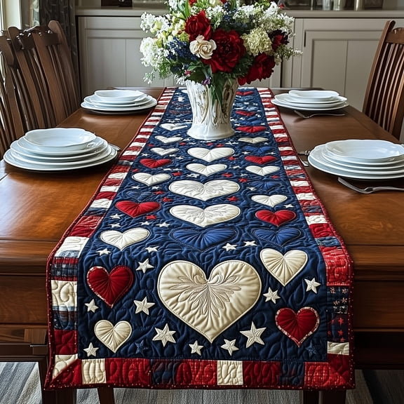 Patriotic Heart Bloom Quilted Table Runner, USA 250th Year Freedom Celebration Runner, Spring Table Runner, Mother's Day Gift