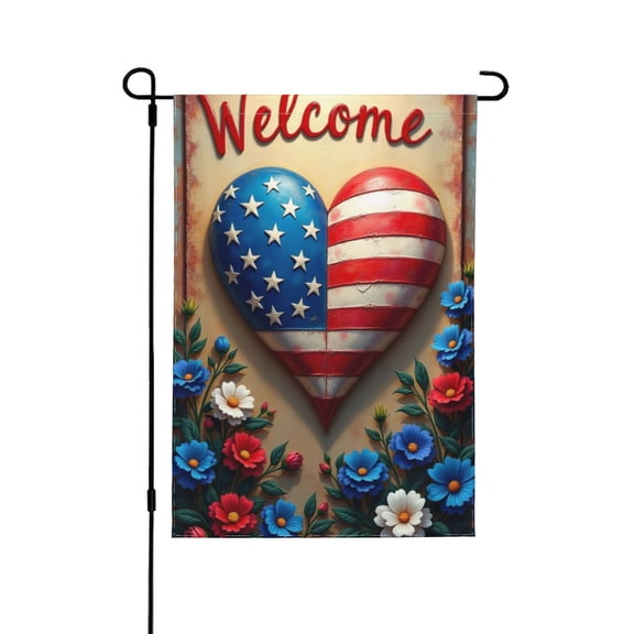 Patriotic Heart Garden Flag Welcome Americana DoubleSided 12x18 Inch Outdoor Yard Flag Flowers，Stars & Stripes Summer Decor Holiday Decoration