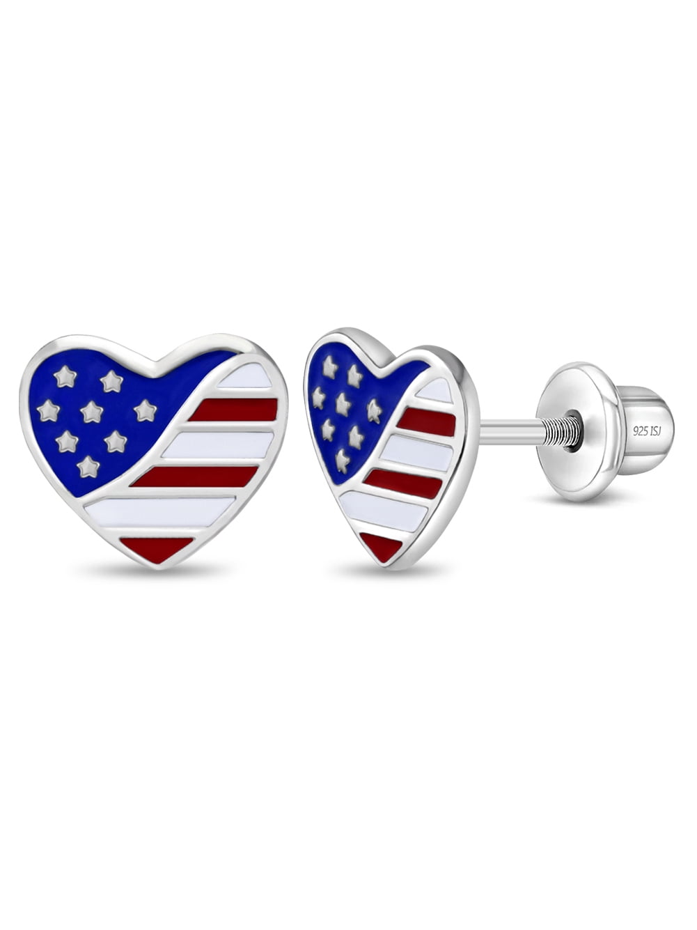 Patriotic Heart Kids / Children's / Girls Earrings Enamel - Sterling Silver