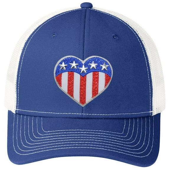 Patriotic Heart Patch USA Flag Trucker Mesh-Back Adult Hat Cap - Blue/White
