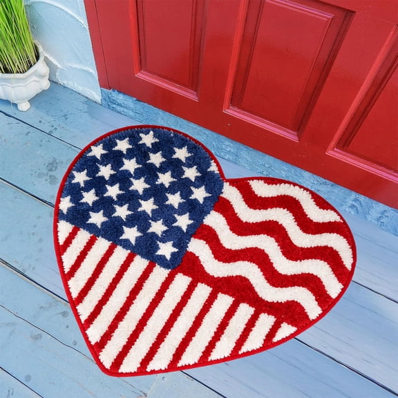 Patriotic Heart Plush Bath Mat for 4th of July, 17x17 Inch American Flag Soft Shaggy Doormat with Non-Slip Rubber Backing, Independence Day Decorative Rug for Bathroom Kitchen Entryway Indoor/Outdoor