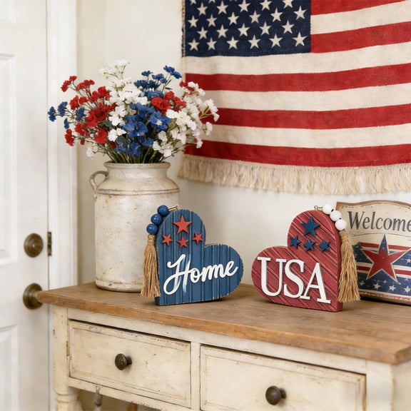 Patriotic Heart Shaped Wooden Signs, 4th of July Table Decor with Tassel & Beads, Home USA Blessed Grateful Tiered Tray Decor