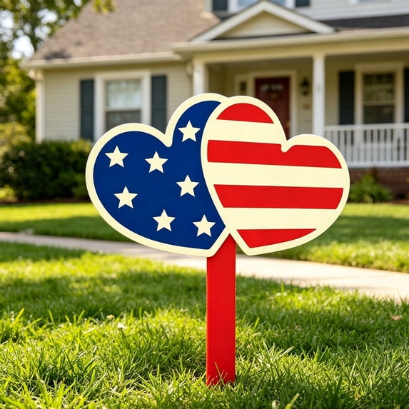 Patriotic Heart Wooden Garden Stake, USA Flag Yard Sign for 4th of July Independence Day Outdoor Lawn Decor