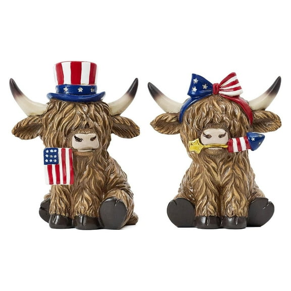 Patriotic Highland Cow Decorations 2PCS, 4th of July Resin Figurines with American Flag Design, Farmhouse Garden & Yard Ornaments for Independence Day, Memorial Day Outdoor Decor