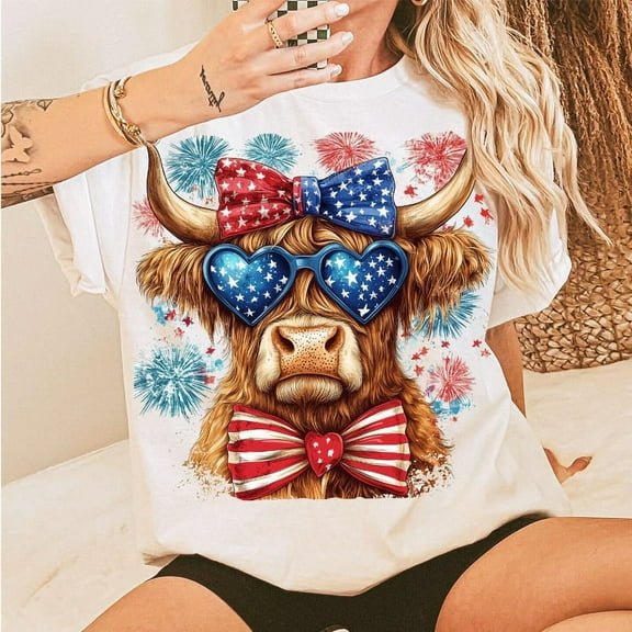 Patriotic Highland Cow T-Shirt, Western Cow Graphic Tee, USA Flag 4th of July Shirt, Memorial Day American Ranch Style T-Shirt