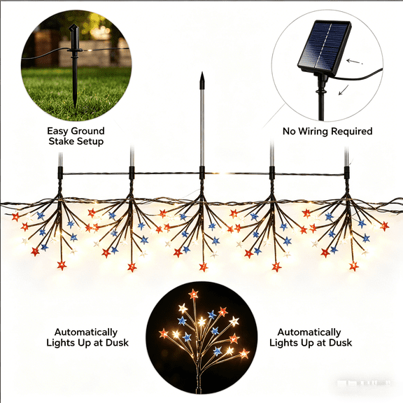 Patriotic Holiday Solar Star Stake Lights, 5-in-1 Multiple Modes Red White Blue Solar Outdoor Lights, Waterproof 4th of July Memorial Day Anniversary Yard Decor