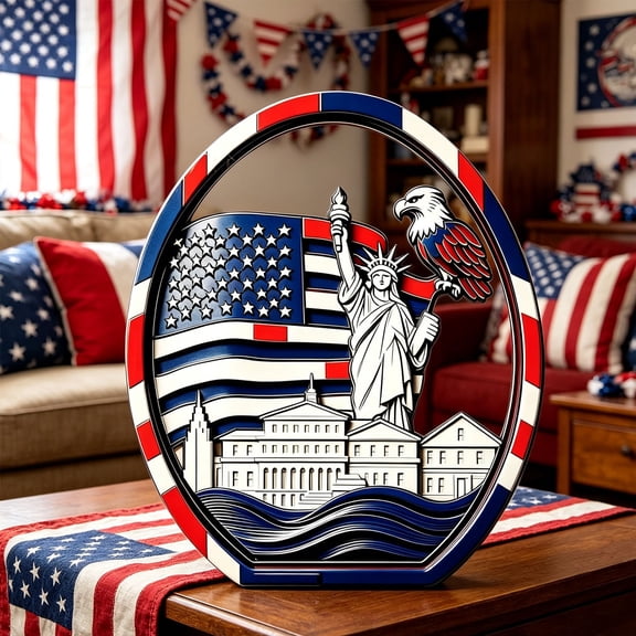 Patriotic Home Decor, 5.11x4.33x0.59in Wooden Layered Table Sign, Statue Of Independence Ornament for 4th Of July Home Shelf Or Mantel, Compact Size, Patriotic Table Sign
