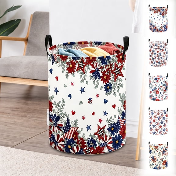 Patriotic Home Organizer, Independence Day Printed Round Basket, Large Capacity Cylindrical Hamper, Waterproof Storage Bin for Dirty Clothes, Sundries, Daily Supplies & Household Sorting (Style B)