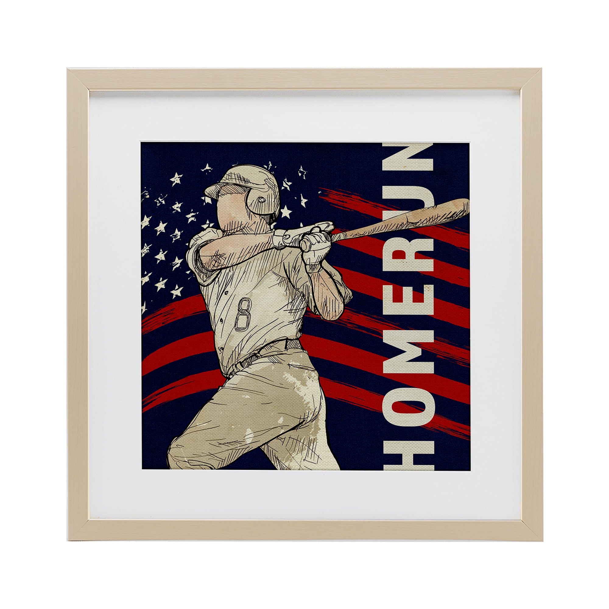 Patriotic Home Run Baseballer Birch Framed Print Under Glass, design by LightBoxJournal