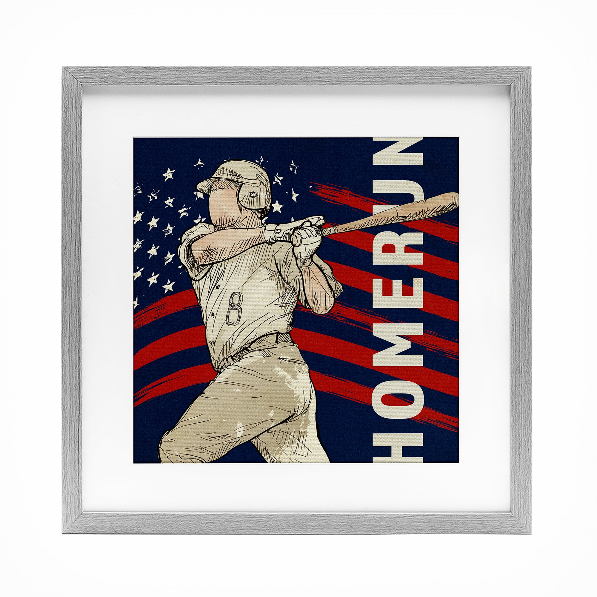 Patriotic Home Run Baseballer Gray Framed Print Under Glass, design by LightBoxJournal