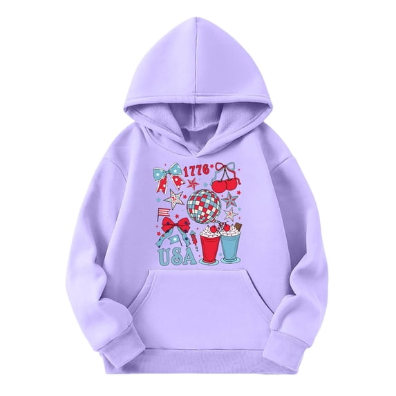 Patriotic Hoodies Sweatshirts for Girls Independence Day 4th of July Graphic Print Hooded Sweatshirt For Celebration And Casual Wear Light Purple 9-10T