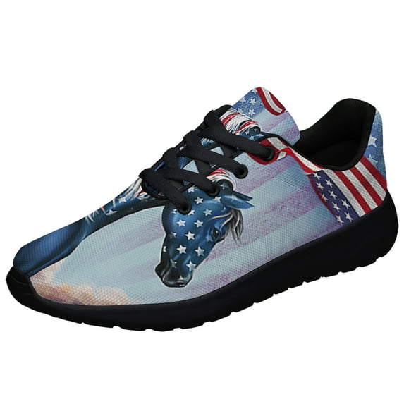 Patriotic Horse 4th Of July Shoes Independence Day American flag Print Sneakers Lightweight Comfortable Running Shoes for Men Women Black Size 7.5