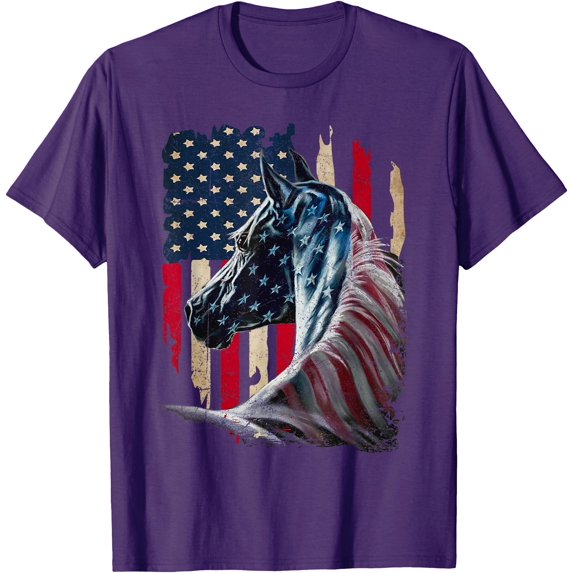 Patriotic Horse American Flag 4th July Vintage Softstyle Unisex T-Shirt,Purple Color,Size YL