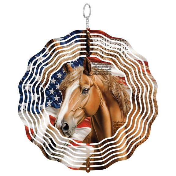 Patriotic Horse Flag 3D Wind Spinner Stainless Steel Hanging Outdoor Garden Decor
