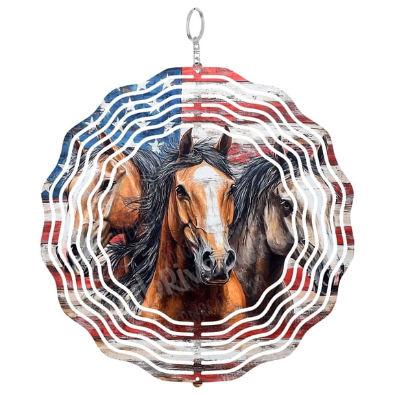 Patriotic Horses Wind Spinner Metal Outdoor Decor Rustic Western Art Red White Blue
