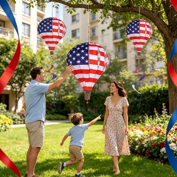 Patriotic Hot Air Balloon Wind Spinner, American Flag Themed Yard Decor, Weatherproof Polyester Hanging Decoration for Independence Day, 59" Tall