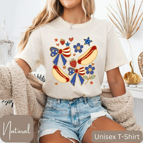 Patriotic Hot Dog T-Shirt, Hot Dog Tee, Coquette Bow Design, Funny Patriotic Shirt, Independence Day Shirt, USA Celebration Unisex Tee