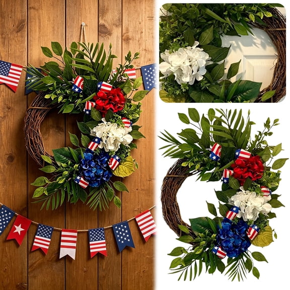 Patriotic Hydrangea Wreath, Red White Blue 4th of July Wreath with Flag Star Stripes Accents, Artificial Floral Grapevine Wreath for Front Door, Independence Day Wall Home Decor 19.7×11.8 in