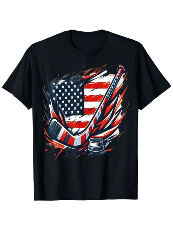 Patriotic Ice Hockey July 4th T- Shirt For Boys, T-Shirt for Kids Youth, 180gsm, 100% Cotton