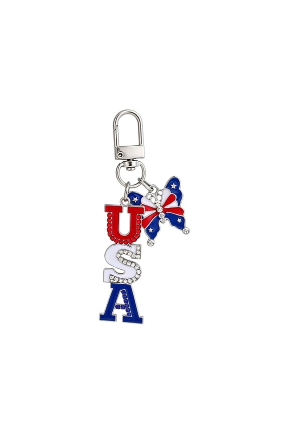 Patriotic Independence Day Alloy Rhinestone Keychain, Red Blue White Flag Color, USA Flag-themed Keychain, Bling Sparkly Cute Backpack Car Key Accessories Lanyard