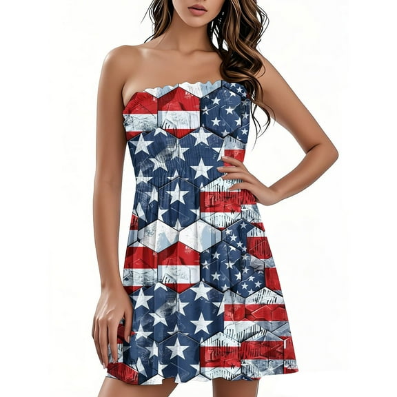 Patriotic Independence Day Bandeau Dress for Women, Festive Sleeveless Summer Dress with American Flag Print, Breathable Beachwear for Poolside Vacations,Light Green S