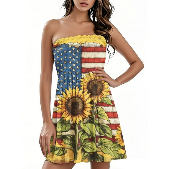 Patriotic Independence Day Bandeau Dress for Women, Festive Sleeveless Summer Dress with American Flag Print, Breathable Beachwear for Poolside Vacations,Royal Blue L