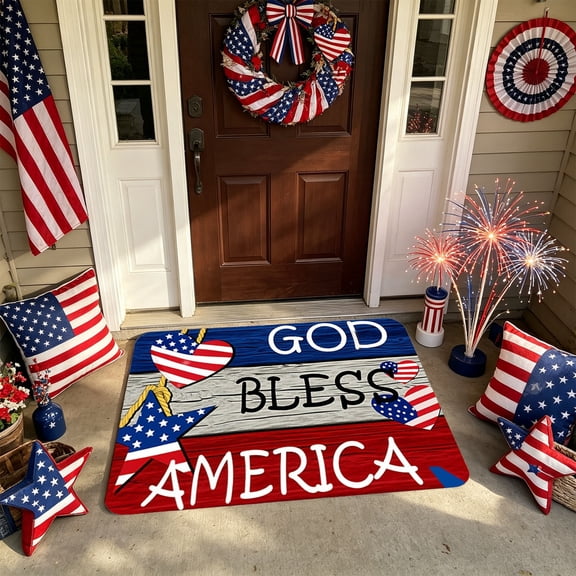 Patriotic Independence Day Doormat, Diatomaceous Earth Welcome Mat with Non-Slip Bottom, 15.74x23.62in Red White Blue Star Stripe Design, for Front Door Entryway Porch and Home Decor