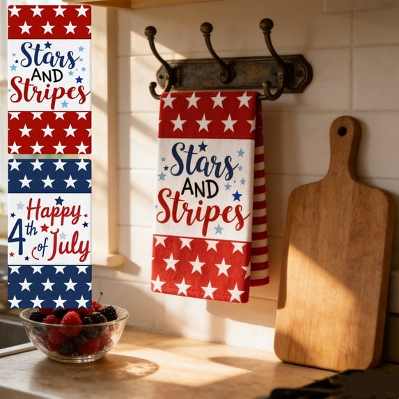 Patriotic Independence Day Kitchen Hand Towel, High Absorbency Cotton Rich Towel, Ideal for Cooking, Baking, Dish Drying & Festive Home Kitchen Decor, 4th of July Essential Accessory, 24*16in, D